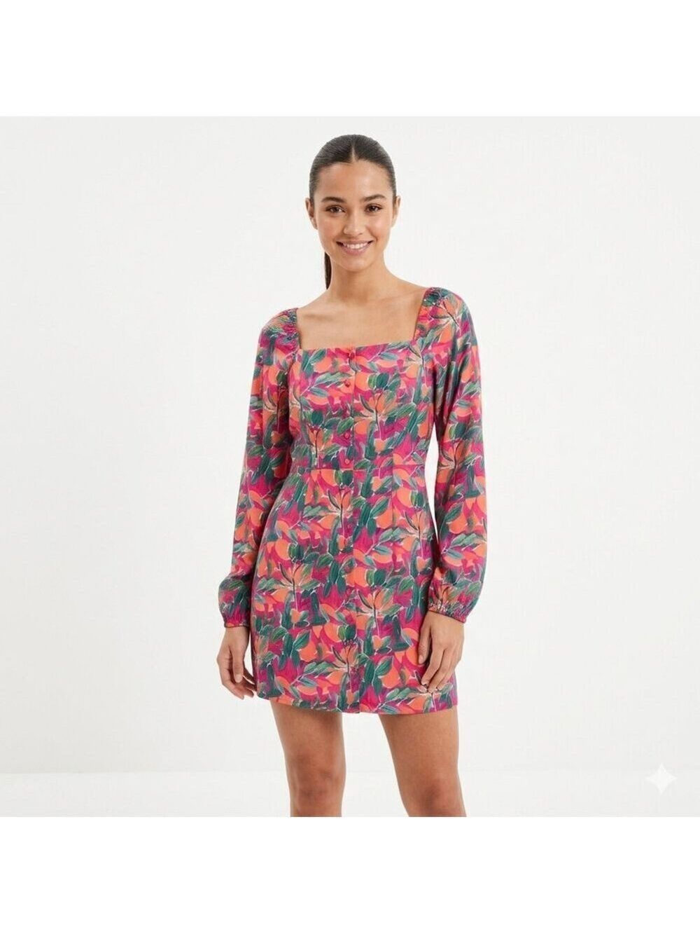 *NA-KD Coral Pink Floral Mini Dress Puff Sleeve Square Neck EU 34 NWT